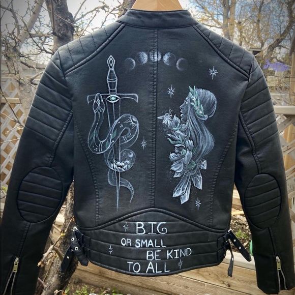 Custom Painted Zara Vegan “Leather” Moto Jacket - Picture 2 of 3